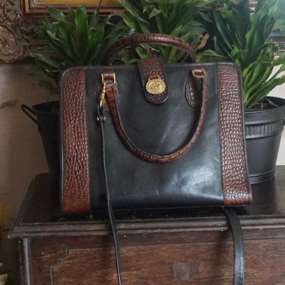 Brahmin Vintage Purse Bag and Wallet Black Leather and Croc Embossed
